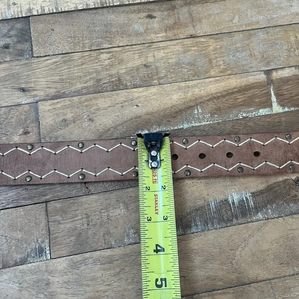 Brown Leather Belt Men's Size S White Whipstitch Chevron Pattern